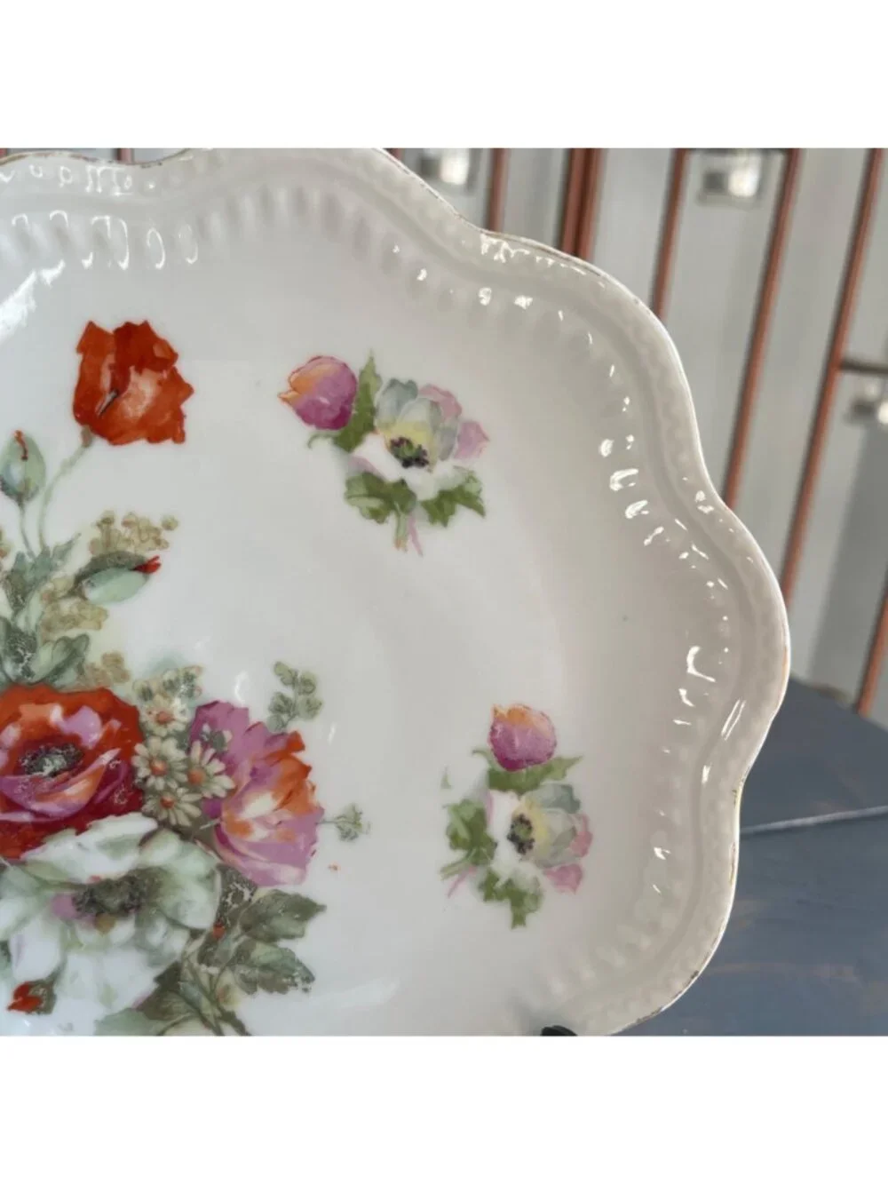 Antique Hand Painted Floral Porcelain Plate Germany Poppies Pink Roses Scalloped